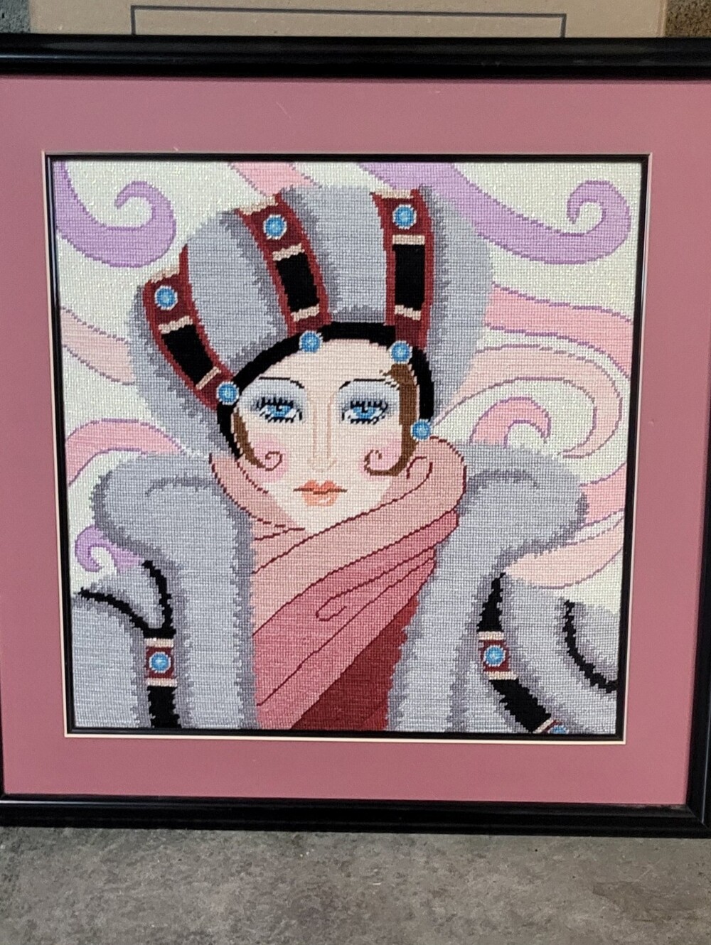 Vintage 1980s Art Deco Framed Needlepoint